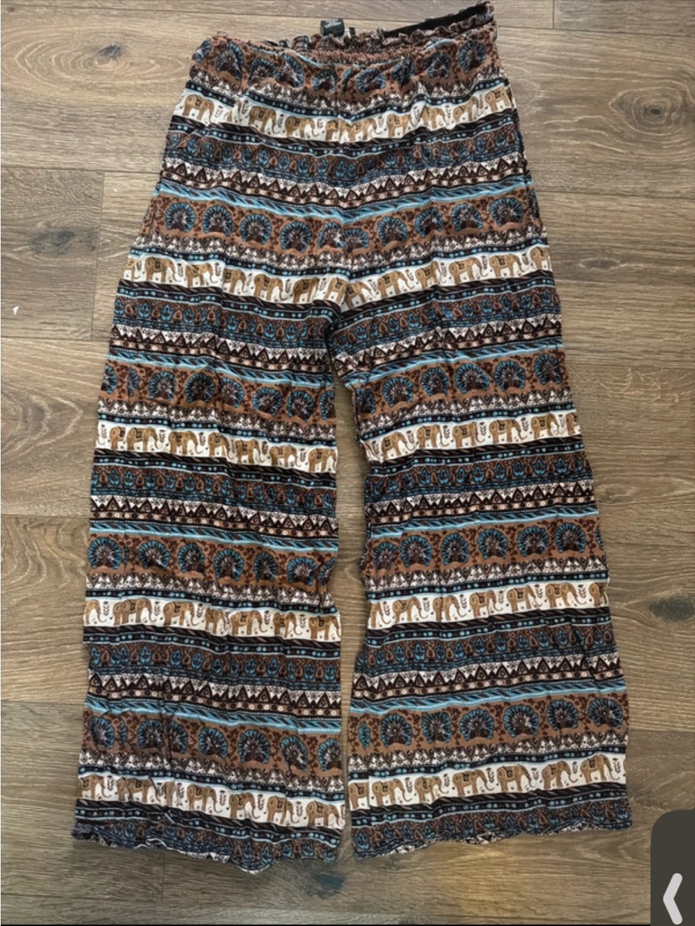 Angie Brown, Blue & Cream Boho Elephant Wide-Leg Pants